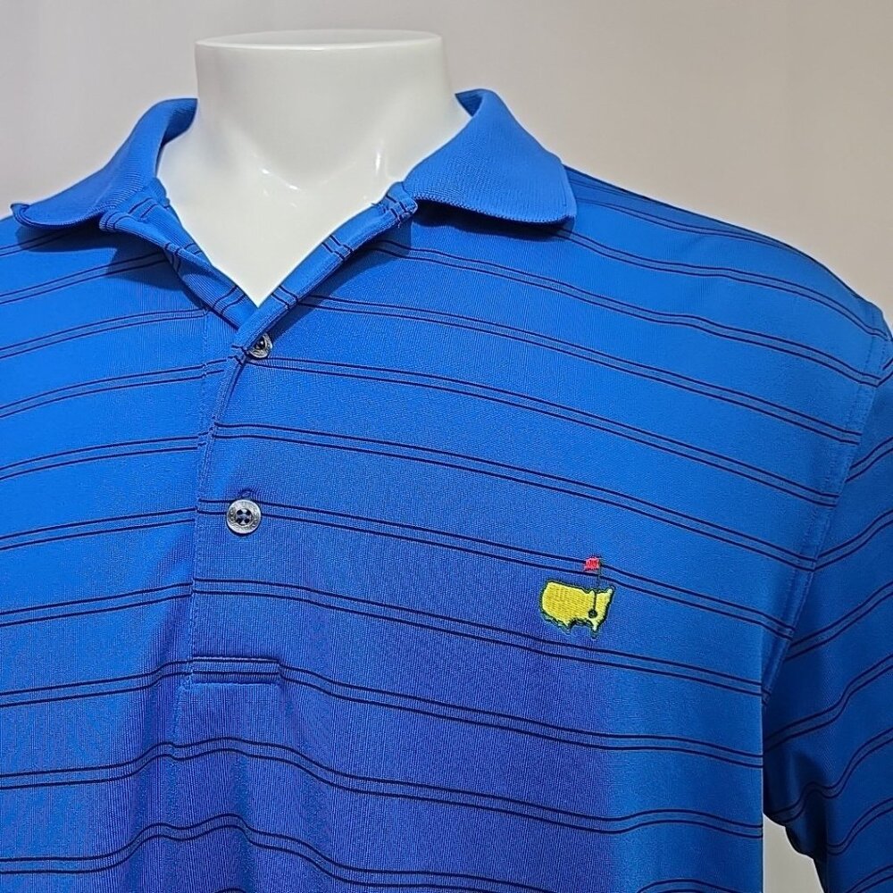 Masters Tech Polo Shirt Mens Large Blue Striped Golf Performance Stretch Augusta
